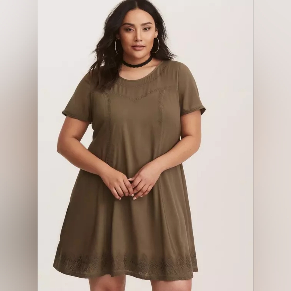 Torrid Olive Embroidered Challis Trapeze Dress